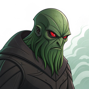 Illustration of a green-skinned villain named Vilgax. Villainous expression with glowing red eyes. Simple, clean background.