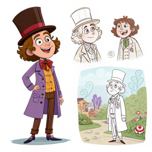 Concept art for Willy Wonka, featuring various character designs in cartoon and sketch styles. Unique aesthetic with whimsical elements.