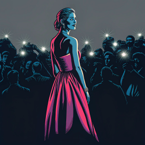 Rosamund Pike at Cannes Film Festival. Wearing a stunning red dress. Surrounded by paparazzi.