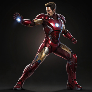 Tony Stark in his iconic Iron Man suit, striking pose. High contrast background, digital art.