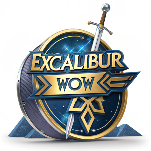 3D digital illustration of the Excalibur WOW band logo. Futuristic design, blue and gold color scheme. Bold text, modern and sleek appearance