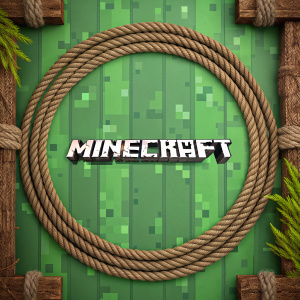A vibrant digital wallpaper featuring the iconic Minecraft logo. The backdrop is green with a rope encircling it. Edged with a rustic brown and green grass pattern.
