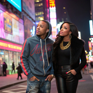Bow Wow and Angela Simmons on a busy urban street, surrounded by vibrant graffiti and neon lights.