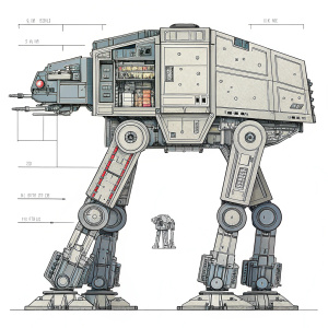 Technical schematic of an AT-AT Walker from Star Wars, featuring detailed design of its strong legs and large body, including multiple compartments.