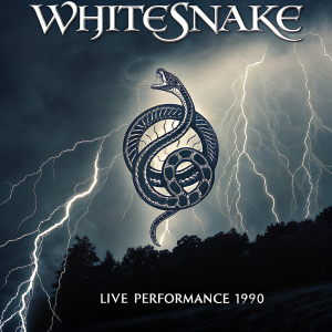 Album cover for Whitesnake, featuring a snake logo intertwined with dynamic lightning bolts. Dark background, electric atmosphere, live performance text from 1990, evoking a mystical and powerful vibe.
