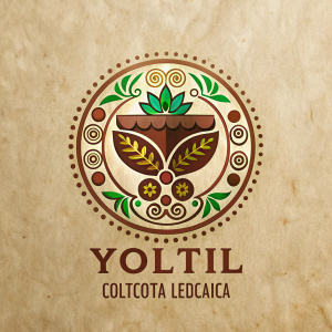 Muéstrame una imagen simple para logotipo de marca de chocolate artesanal mexicano estilo hidalgo. El nombre de la marca es "Yolotl". Haciendo referencia a la tradición y calidez. Como color principal el café, y con detalles de colores intensos refiriendo la cultura mexicana, colores jade