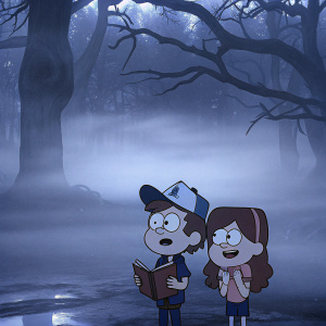 Dipper and Mabel Pines, from Gravity Falls, standing in front of a spooky forest, each with a unique pose and expression.