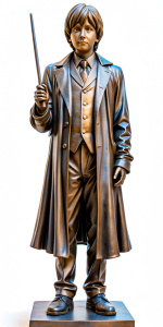 A bronze statue of a slender tanned 30-year-old man with short hair, dressed in Hogwarts uniform, holding a magic wand in his right hand