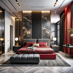 Master bedroom interior with Minotti furniture, luxury style, red and black 