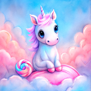 cute big eye unicorn on fluffy cloud with candy