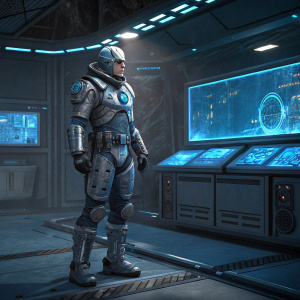 Mr. Freeze from Batman: Arkham Origins, standing in a futuristic lab. The background is a high-tech control room with holographic displays.