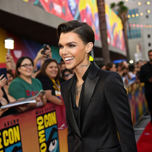 Ruby Rose at Comic-Con. Wearing a sleek black suit, surrounded by excited fans.