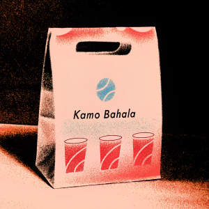 Kamo Bahala packaging design. Vibrant yellow paper bag featuring brand logo and cup illustrations. Modern and sleek brand identity.