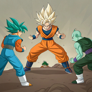Illustration of Goku, Vegeta, Gohan, and Piccolo in intense battle pose. Goku with iconic spiky hair, standing prominently in center. Vegeta with shorter spiky hairstyle, Gohan with long straight hair, Piccolo with bald head. Vibrant color palette: Goku in bright orange, Vegeta in teal, Gohan in light blue, Piccolo in dark green. Rich detail and dynamic composition. Digital illustration.
