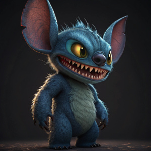 A menacing 3D render of Stitch from Lilo & Stitch, digital illustration.