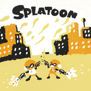 Digital artwork featuring Inkopolis Square from Splatoon 2. Vibrant colors, dynamic action scenes, Splatoon logo prominently displayed