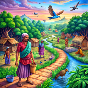 the scenario of long distance village area, no greenery, birds are unable to fly the are like half dead, without water, trees are getting dead, mud  broken of no fruit crops, everything is dull, people and villagers ( Indian) hoping for some miracle to  gods