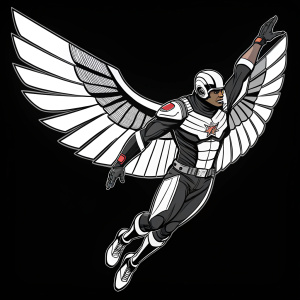 Stylized illustration of Captain America's ally, Falcon. Character in mid-flight pose, with detailed wings. Bold lines and shading convey movement. White-toned design against stark black background.