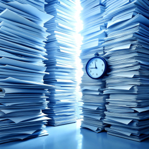 lots of translation documents and clocks showing how time-consuming it is to handle the documents