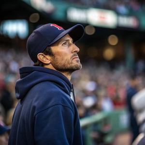 Nomar Garciaparra, intense gaze. Wearing a fitted navy hoodie and baseball cap. In the midst of a busy stadium crowd, blurry background.