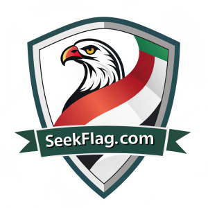 The logo of Seekflag.com features the UAE crest, colors on a shield. Website's name boldly stated, symbolizing the nation's online identity.