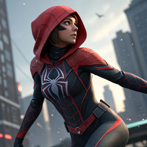 Spider-Woman in action pose, animated series style. Futuristic, web-like suit, red hood. Blurred cityscape background, 3D render