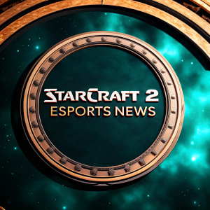 Promotional banner for StarCraft 2 esports updates. Dark nebula background with metallic 'STARCRAFT 2 ESPORES NEWS' in shimmering silver font.