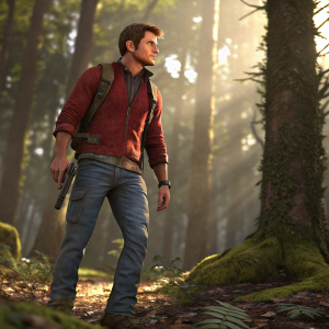Nathan Drake from the Uncharted series. Dressed in a red jacket and jeans. Standing in a sunlit forest, digital 3D render