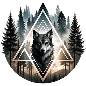 valknut runes pattern geometric symbols - wolf and trees - tattoo design - perfect realistic art - high-definition - grey and black - white background 