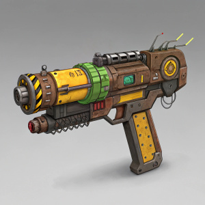 Concept art for a high-tech weapon inspired by Overwatch's Junkrat. Detailed design with a mix of brown, yellow, and green. Neutral gray background