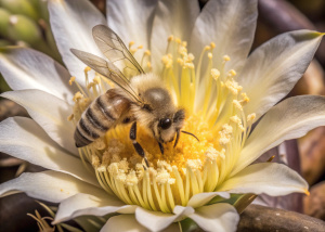 Imagen de una abeja en dibujo en un flor de pitahaya amarilla al pie una frase (pithagro.lp)