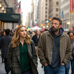 Jodie Comer and Ben Affleck on a bustling city street. They are dressed casually. Crowds of people around them.