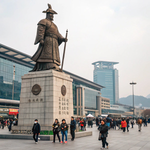 A bronze statue of Admiral Yi Sun-sin located in front of bustling Seoul Station. The statue stands tall on a stone base covered with detailed engravings. Crowds of people pass by, adding vibrancy to the scene.