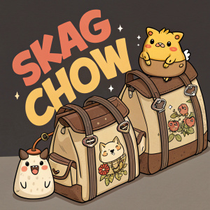 Cartoony digital artwork featuring Skag Chow bags from Borderlands 3. Bags are brown and beige, adorned with a cute creature design. Bold text contrasts against the darker background. Comic book style