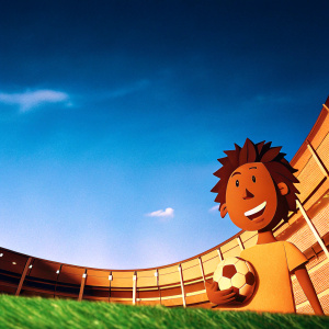Cartoon rendition of Neymar Jr., smiling and holding a soccer ball. Bright, sunny stadium backdrop