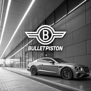 Modern logo design featuring a sleek, bullet-shaped emblem intertwined with the bold brand name 'Bulletpiston' in monochrome black and white. The logo exudes a contemporary and professional aesthetic.