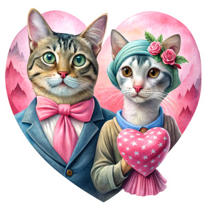 valentine,pink,liberty hold heart,white background,couple cat,no cloth