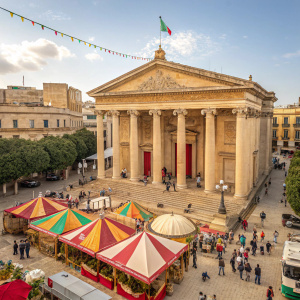 Neoclassical courthouse in the heart of Valletta, Malta. Festive setting with colorful tents and lively crowds.