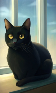 A black cat lies on the window sill and has big yellow eyes and a small white spot on the neck on the chin.
