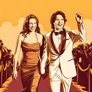 Julia Huard and Alexander Vlahos at New York Comic Con, red carpet event. Julia in vibrant red cocktail dress. Alexander in classic tuxedo. Both smiling, celebrating the premiere of their latest project.