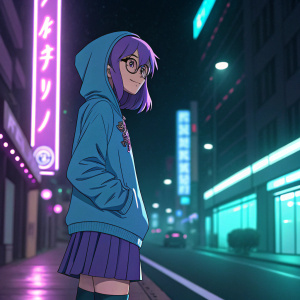 Digital art of Yumiko, anime girl, standing on neon-lit street at night. Wearing blue hoodie, skirt, and purple hair. Friendly expression.