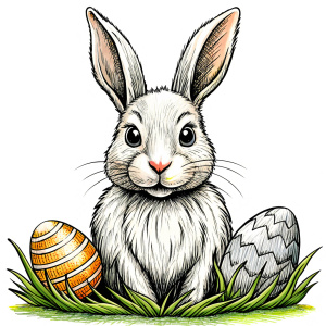 clean vector illustration for kids coloring, The Easter bunny with eggs peeks out of the grass, one closed lines,  professionally detailed, black and white, white background