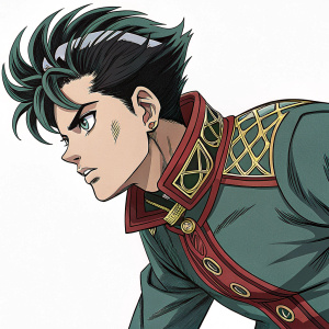 Rohan Kishibe, JoJo's Bizarre Adventure character, in action pose. Detailed illustration, vibrant colors, dark hair with highlights. Red collar, intricate outfit. Against plain white background, manga style.