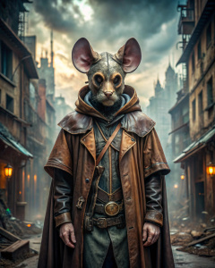 A man in a shabby leather cloak with a hood made from the head of a giant mouse against the backdrop of a ruined steampunk city