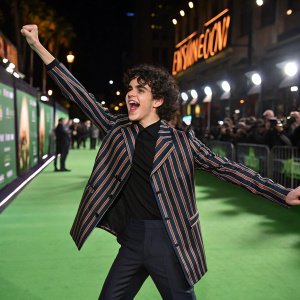 Jack Dylan Grazer, dynamic pose, striped jacket, green carpet, CinemaCon event.
