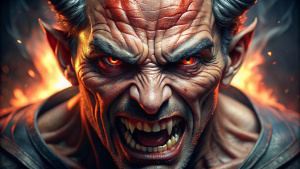 Cinematic hyperrealistic close-up of Satan’s face, with a look of anger and determination, as he prepares to launch a new attack.