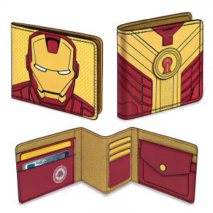 Iron Man themed wallet. Cute cartoon style. Shown in multiple stages, highlighting Marvel branding and utility.