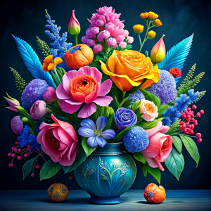 Watercolor image ,pink iris , pink daffodil ,orange snapdragon , mint gladioluspale roses, pink popy ,rose pink aster ,pink canna ,yellow calla , celosla , olive patunias ,pink lilac ,leek ,yellow hyacinth , a cobalt blue huge french decorated WITH FLOWERs Vase with green blue ornaments ,on a white wall, watercolor