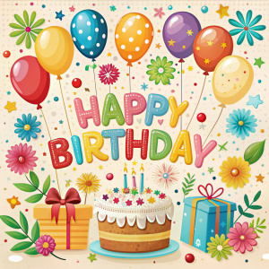 
Create an AI-generated birthday card with a festive design featuring balloons, flowers, confetti, and a cake. The front should say "Happy Birthday!" in a playful font. Ensure the card feels cheerful and celebratory.