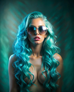 Sunglasses with Cleavage, tumblr, fashion design, long curl Cyan hair, Illuminated, Streak, Sixy